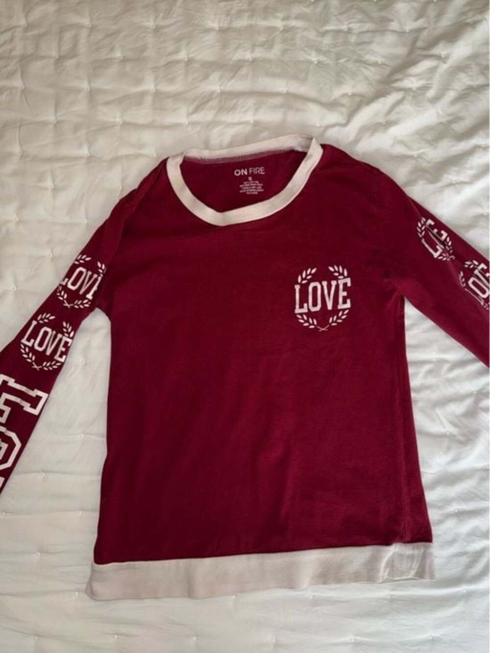 Long Sleeve 'LOVE' Tee - Burgundy with White Trim